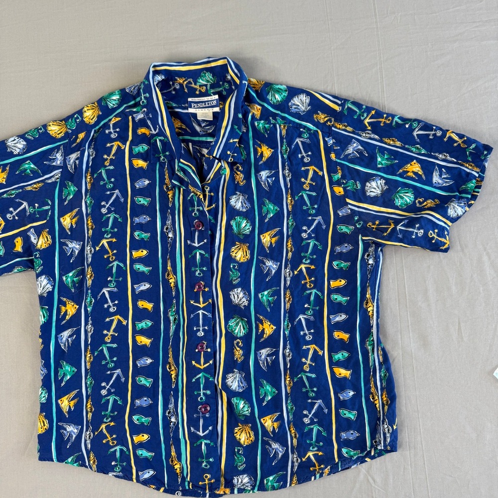 Pendleton Nautical Hawaiian Shirt Womens Size 12 Blue‎ Rayon Button Up Fish